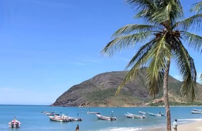 Fishing boats and coconut palm at La Galera Beach, Margarita Island, Venezuela.jpg